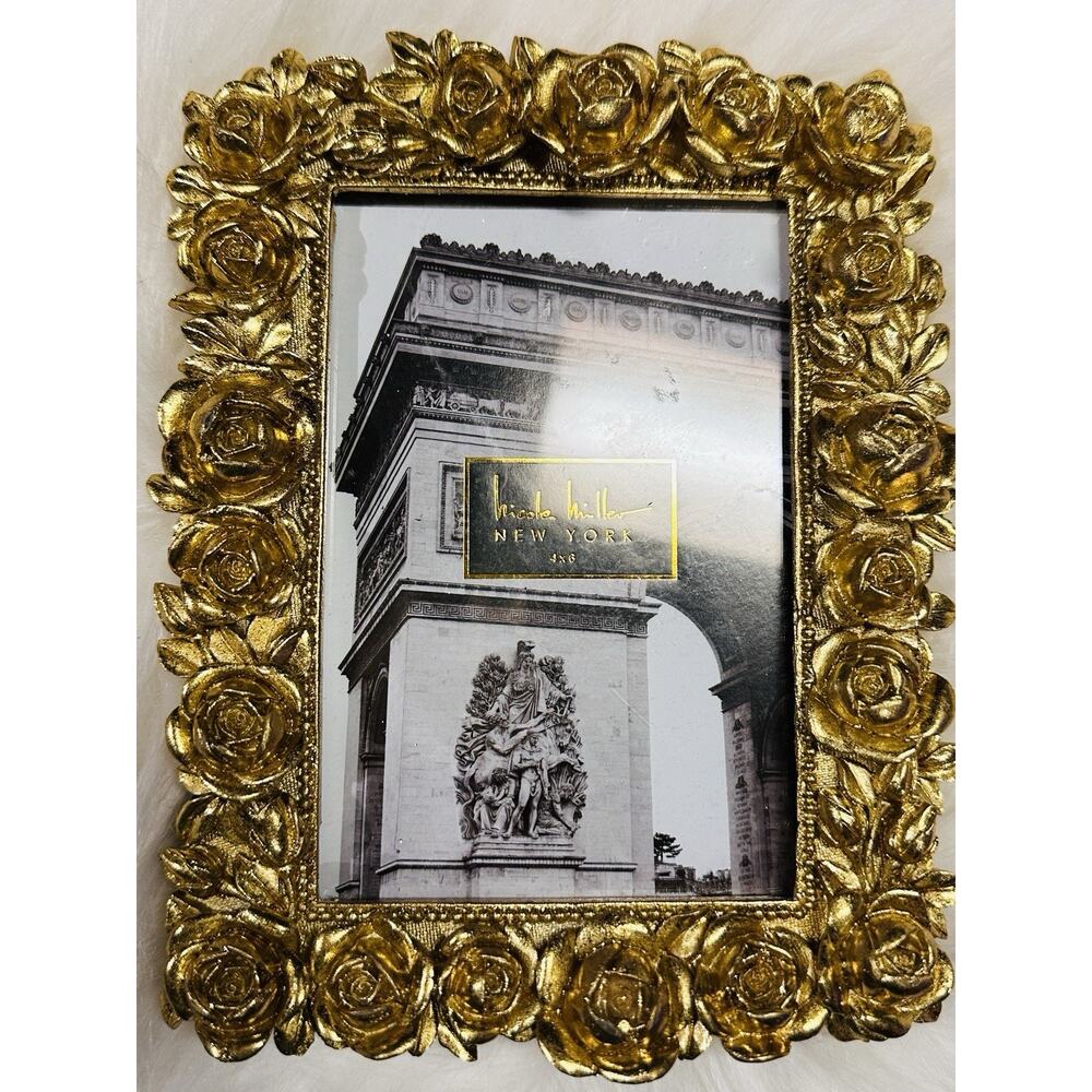 Nicole Miller Hollywood Regency Style Ornate Gold Roses 5x7 Picture Photo Frame